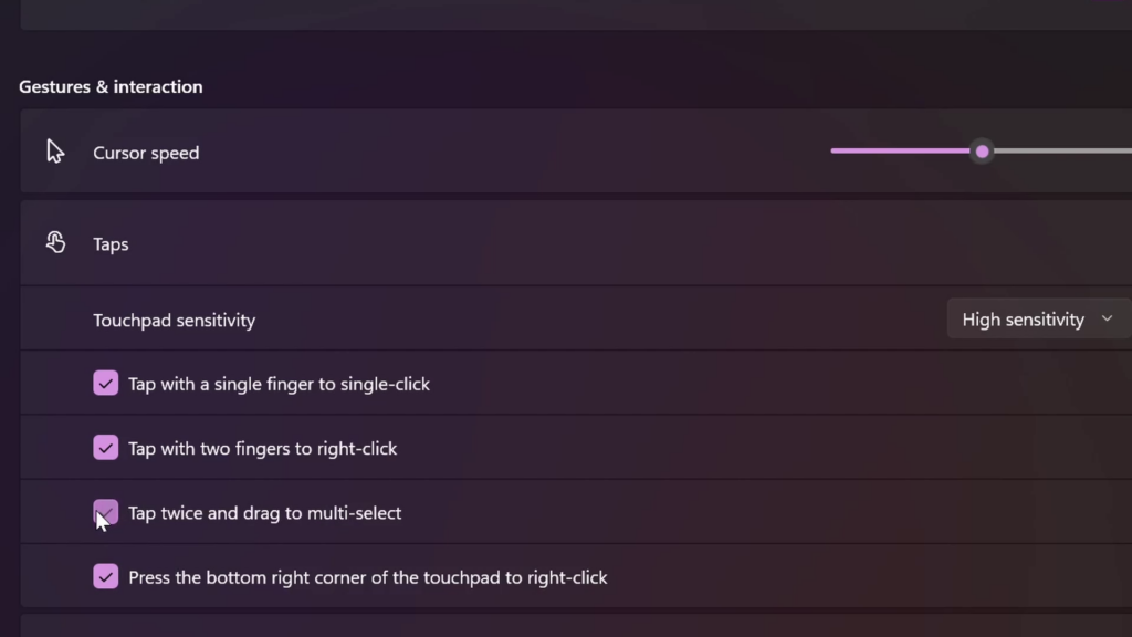 Drag and drop using the touchpad settings